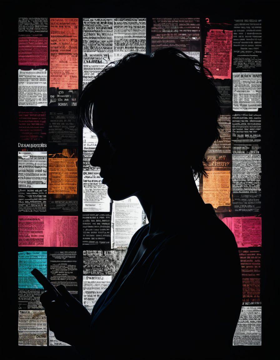 A fragmented smartphone screen displaying various images symbolizing unconsented sexual media, surrounded by shadows to evoke a sense of secrecy. In the background, a silhouette of a person looks distressed, representing the emotional toll. Subtle digital text around, hinting at societal consequences and discussions. Use dark tones contrasted with bright, alarming colors to convey urgency. super-realistic. vibrant colors. dark background.