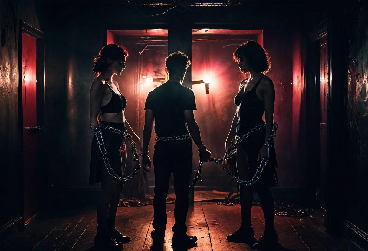 A split scene depicting two contrasting worlds: one side shows a vibrant, colorful adult entertainment set with smiling performers and consensual vibes, while the other side is a shadowy, chaotic environment symbolizing non-consensual content, featuring dark colors and distorted silhouettes. Include elements symbolizing consent and violation, like broken chains and handcuffs. Enhance with a moody atmospheric lighting. surreal art. dark color palette. high contrast.