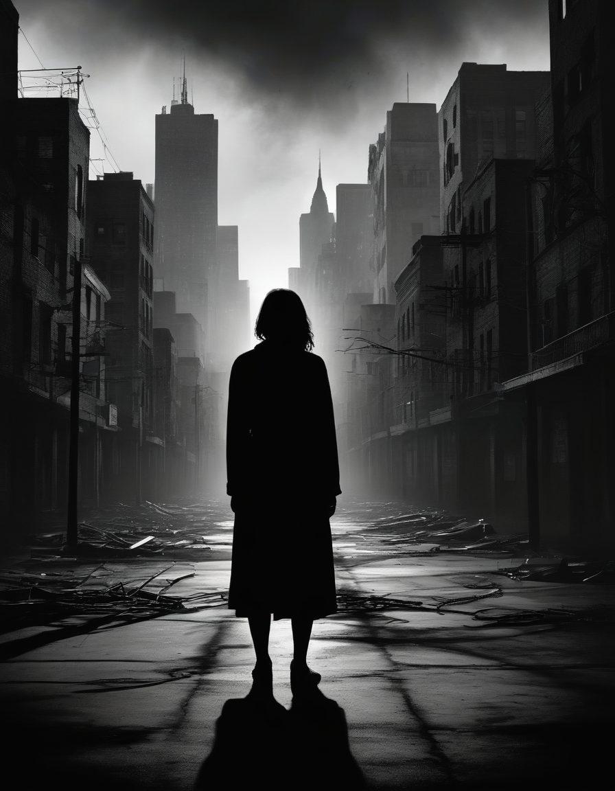 A compelling and haunting illustration of a solitary figure, embodying the emotional turmoil of victims, surrounded by dark shadows and fragmented imagery representing forced adult content. The background features a blurred cityscape, symbolizing societal indifference, while subtle chains dissolve into the scene, indicating oppression. Incorporate contrasting colors to highlight pain and resilience. surrealistic. dark tones. thought-provoking.